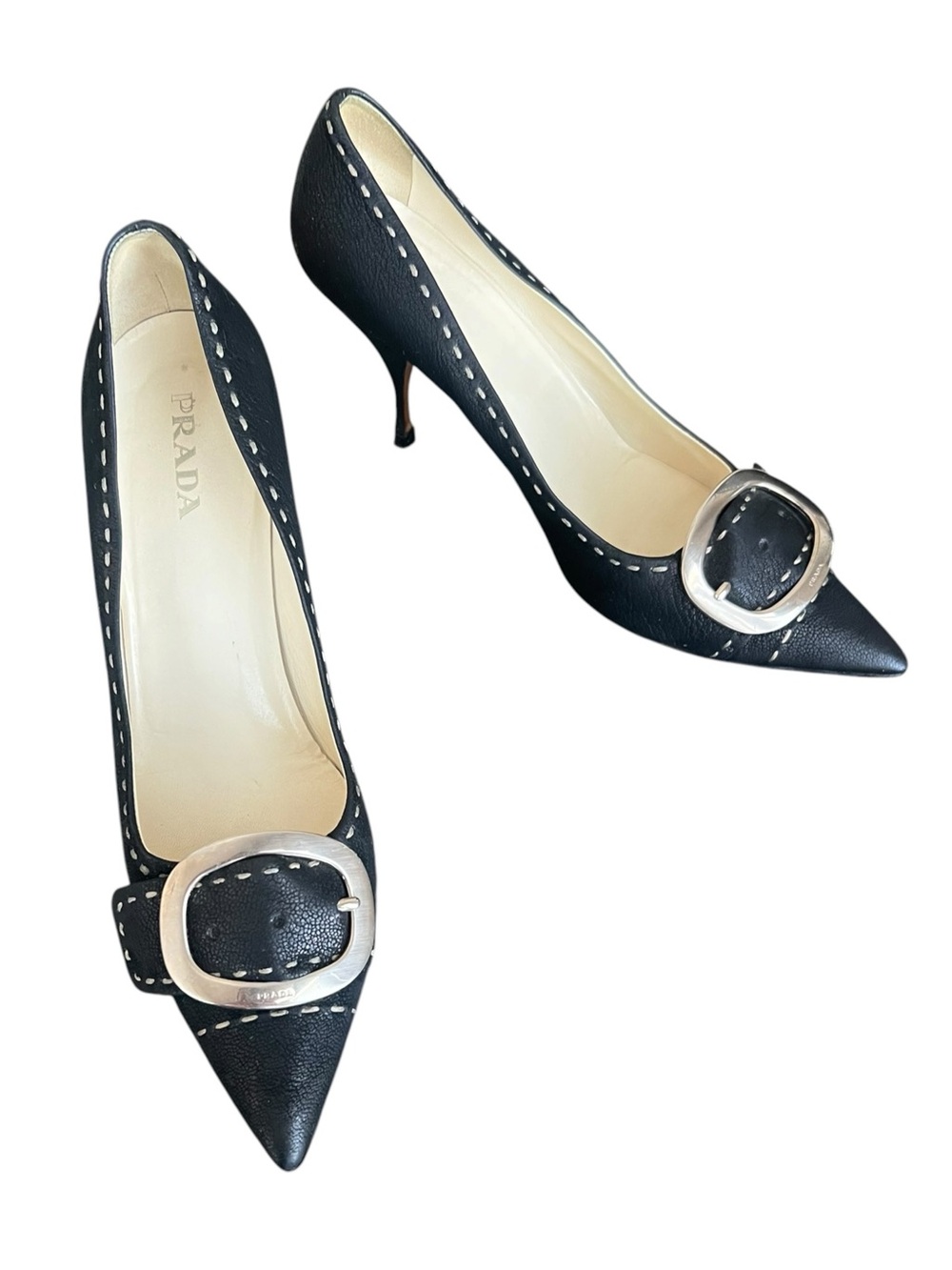 Prada Women’s Vintage Y2K Silver Buckle Black Leather Point Toe Heels Size 40 - Picture 10 of 10